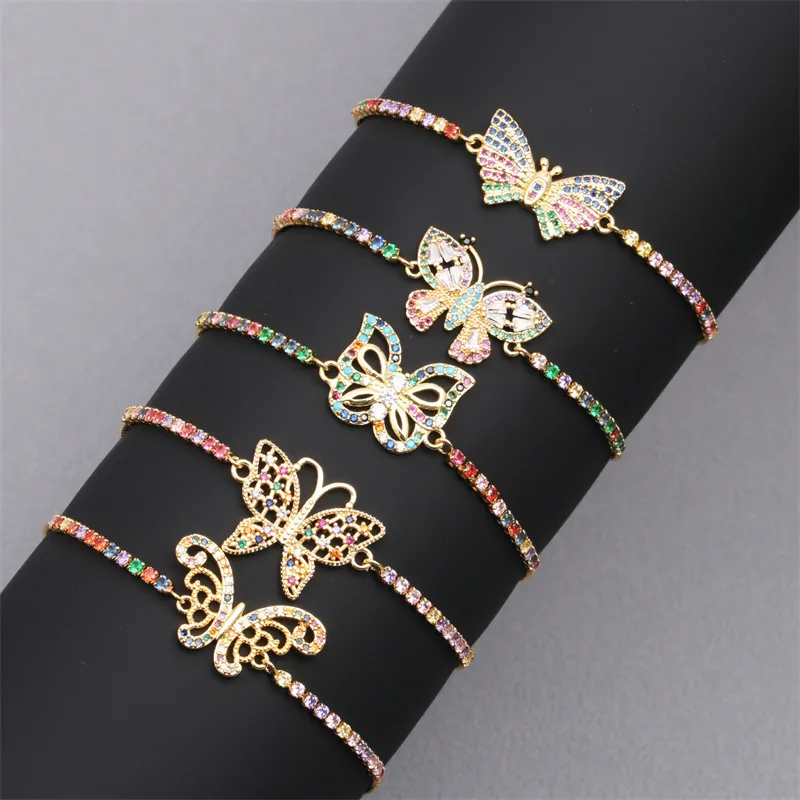Schmetterling Armband Kupfer Mehrfarbige Zirkonia Mikro Pave Verstellbare Bolo Verschluss Modeschmuck Für Frauen