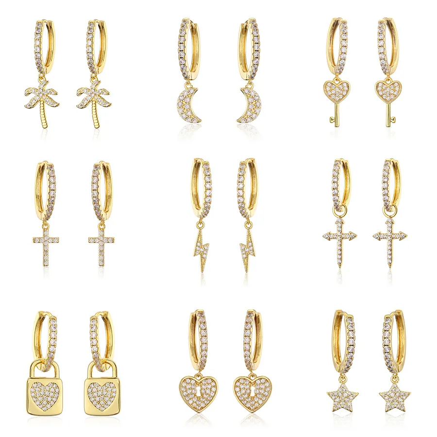 Hoop Earrings With Charms Copper Zirconia Butterfly Lightning Palm Tree Cross Star Moon Heart Key Women Jewelry Gift