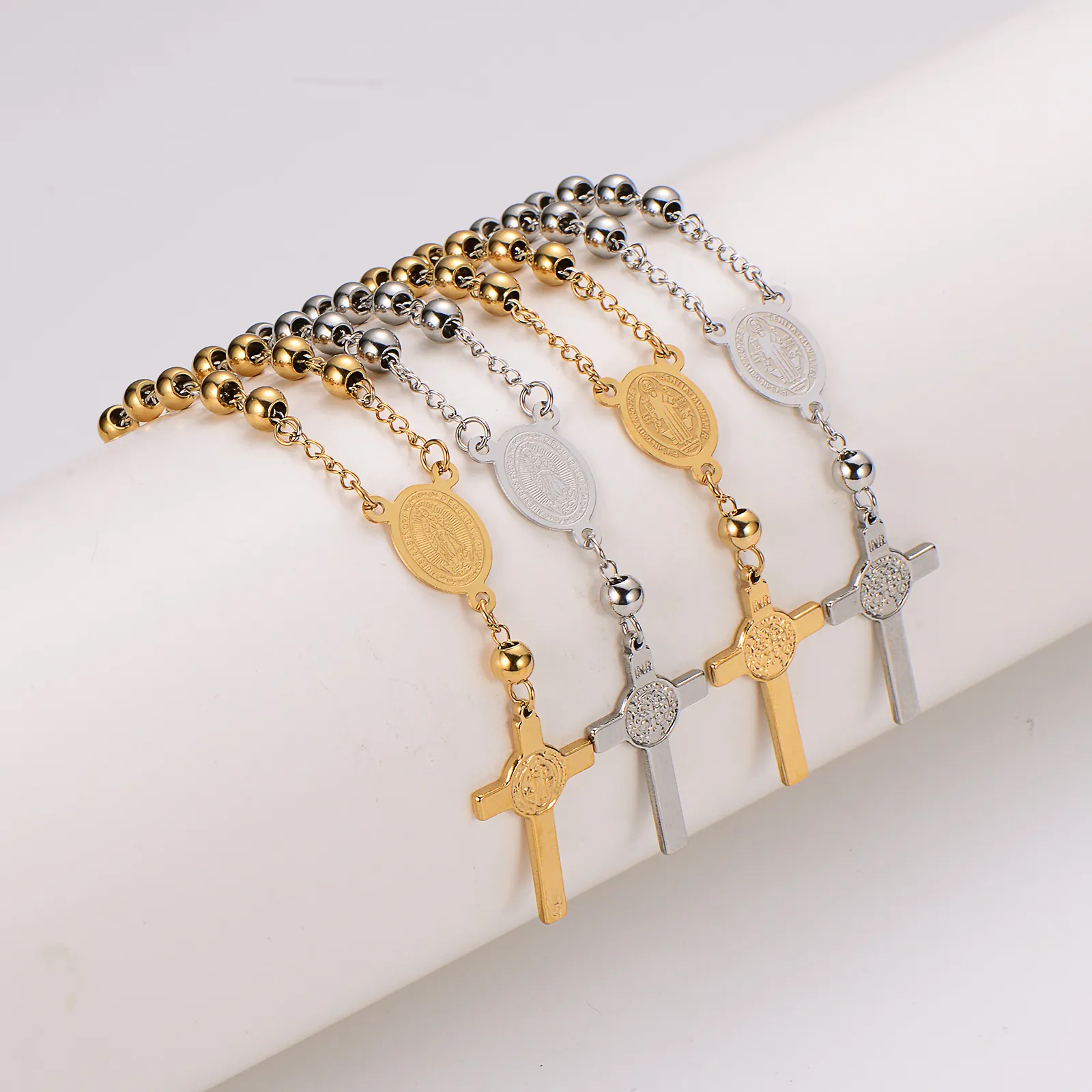 Stainless Steel Rosary Bracelet Cross Pendant Saint Benedict Medal Religious Catholic Beaded Jewelry Unisex Vintage Hip-Hop