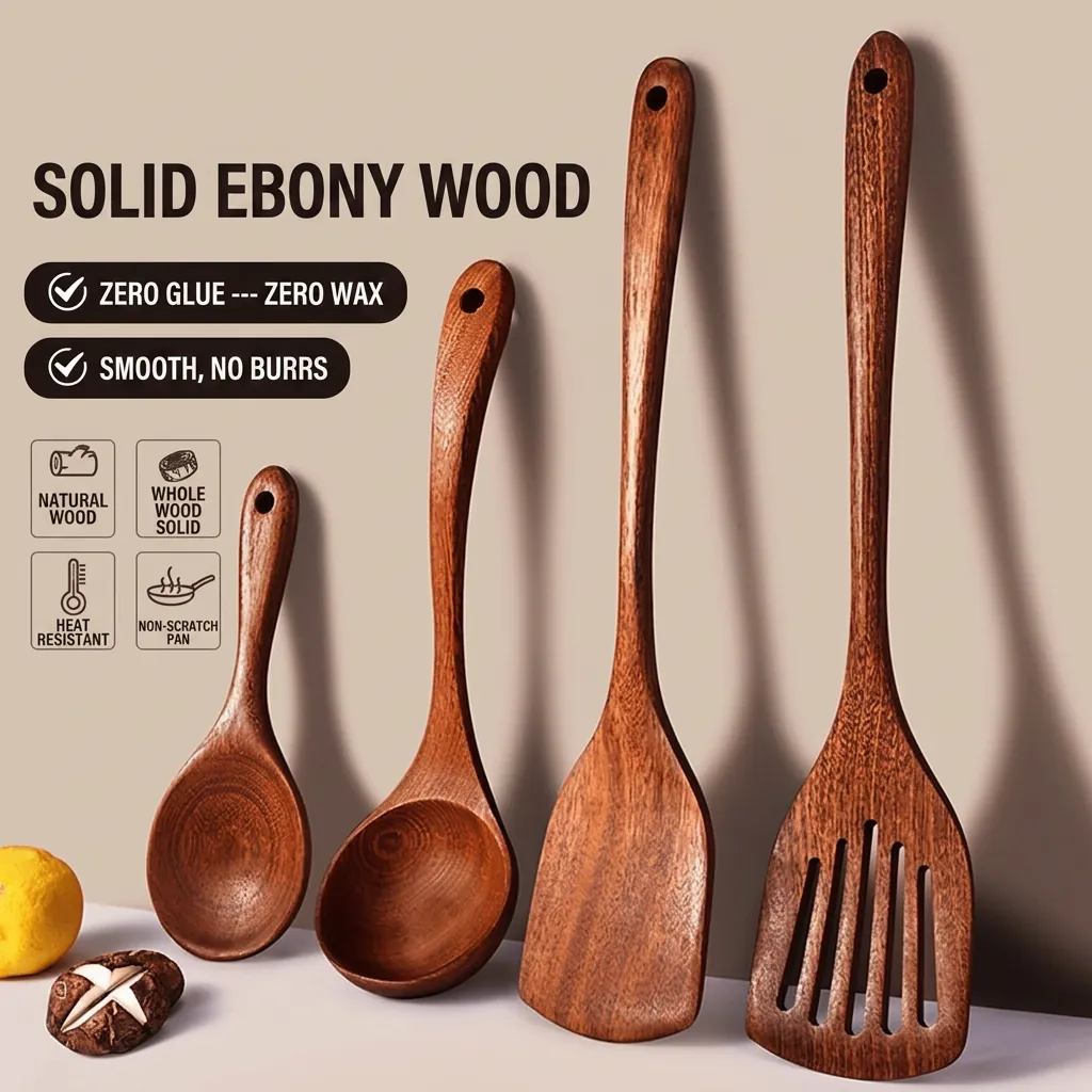Ebony Wood Kitchen Utensils Spatula And Ladle And Spoon Heat Resistant Non-Stick Long Handle Cooking Tools For Home