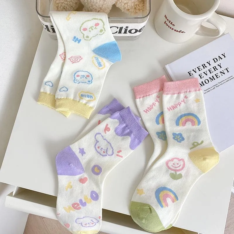 Womens Crew Socks Cartoon Bear Rainbow Print Polyester Knit Breathable Soft Daily Wear Japanese Kawaii Style Colorful