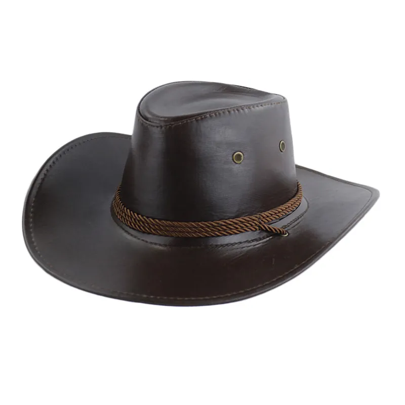 Chapeau Cowboy Western Cuir PU Et Lin Protection Solaire Large Bord Rétro Voyage Plein Air Hommes Femmes