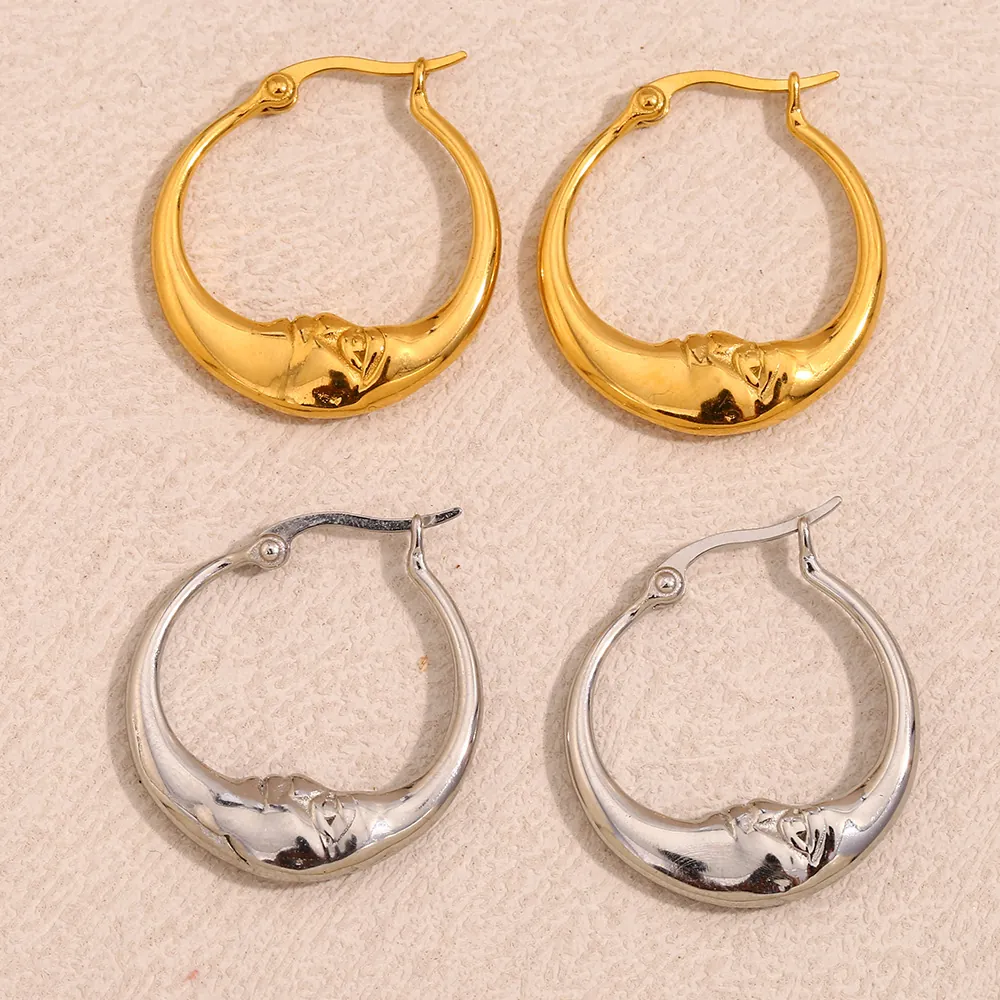 Abstrakte Mondgesicht Creolen 316L Edelstahl 18K Vergoldet Geprägte Sichel Himmlischer Schmuck Für Frauen
