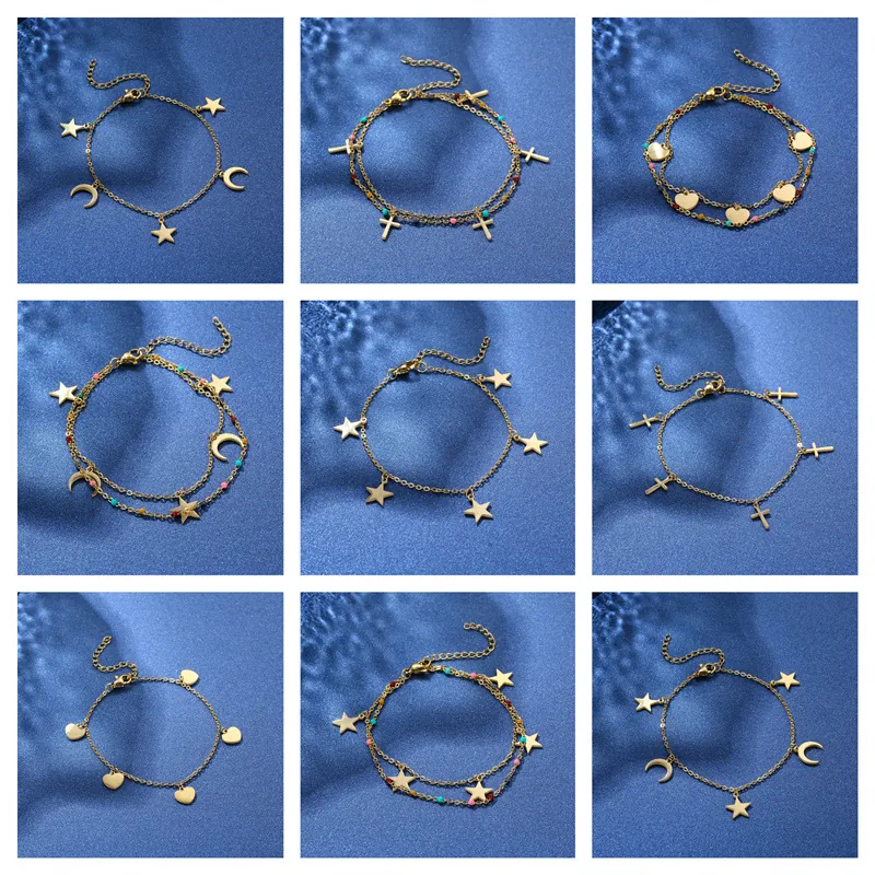Layered Stainless Steel Gold Plated Bracelet For Women With Star Moon Heart Cross Pendants Colorful Drip Oil Beads