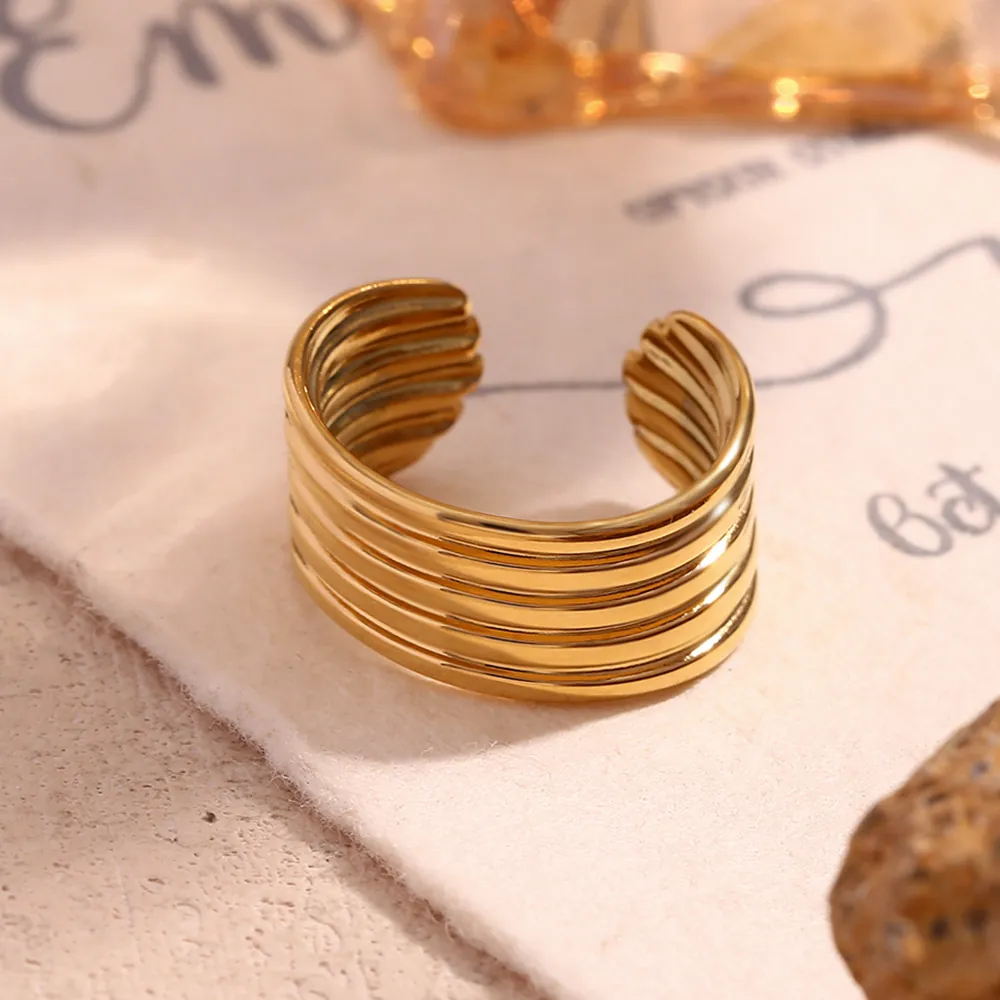Bague Rayée Multi Couches Plaqué Or 18K Acier Inoxydable Réglable Ouverte Bord Ondulé Rétro Simple Mode Pour Femmes