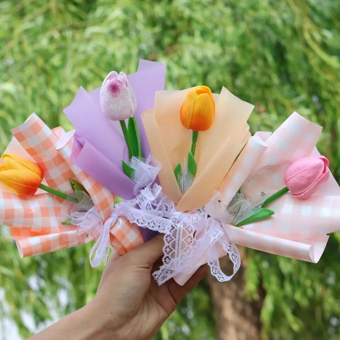 Artificial Tulip Bouquet Mini PVC Flower With Lace Ribbon For Valentine Day Birthday Gift Home Decoration
