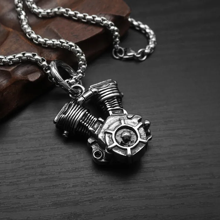 Motorcycle V-Twin Engine Pendant Necklace Stainless Steel Punk Hip Hop Vintage Industrial Retro Jewelry For Men