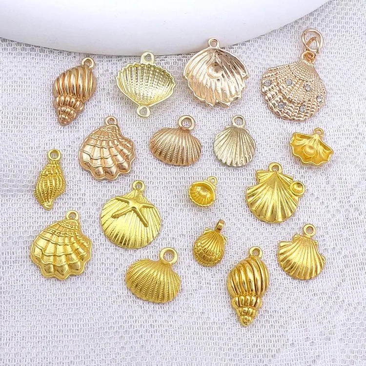 Ocean Theme Shell Conch Starfish Charms Zinc Alloy Metal Rhinestone Pendants For DIY Jewelry Making Gold Rose Gold