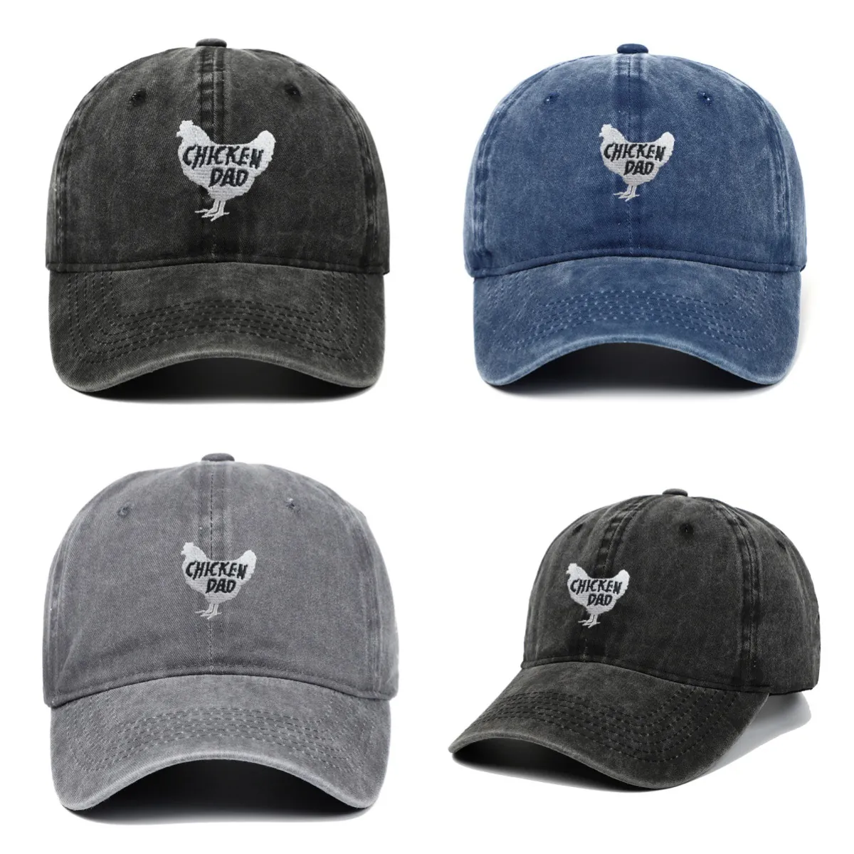 Casquette De Baseball En Coton Lavé Broderie Chicken Dad Coq Réglable Rétro Délavé Sport De Plein Air Chapeau Soleil
