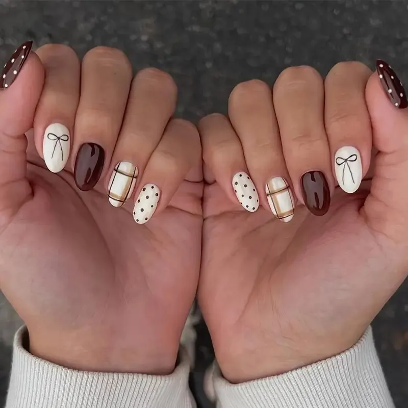 Brown Polka Dot Bow Plaid Oval Press On Nails Glossy ABS Plastic Artificial Fingernails With Jelly Glue And File