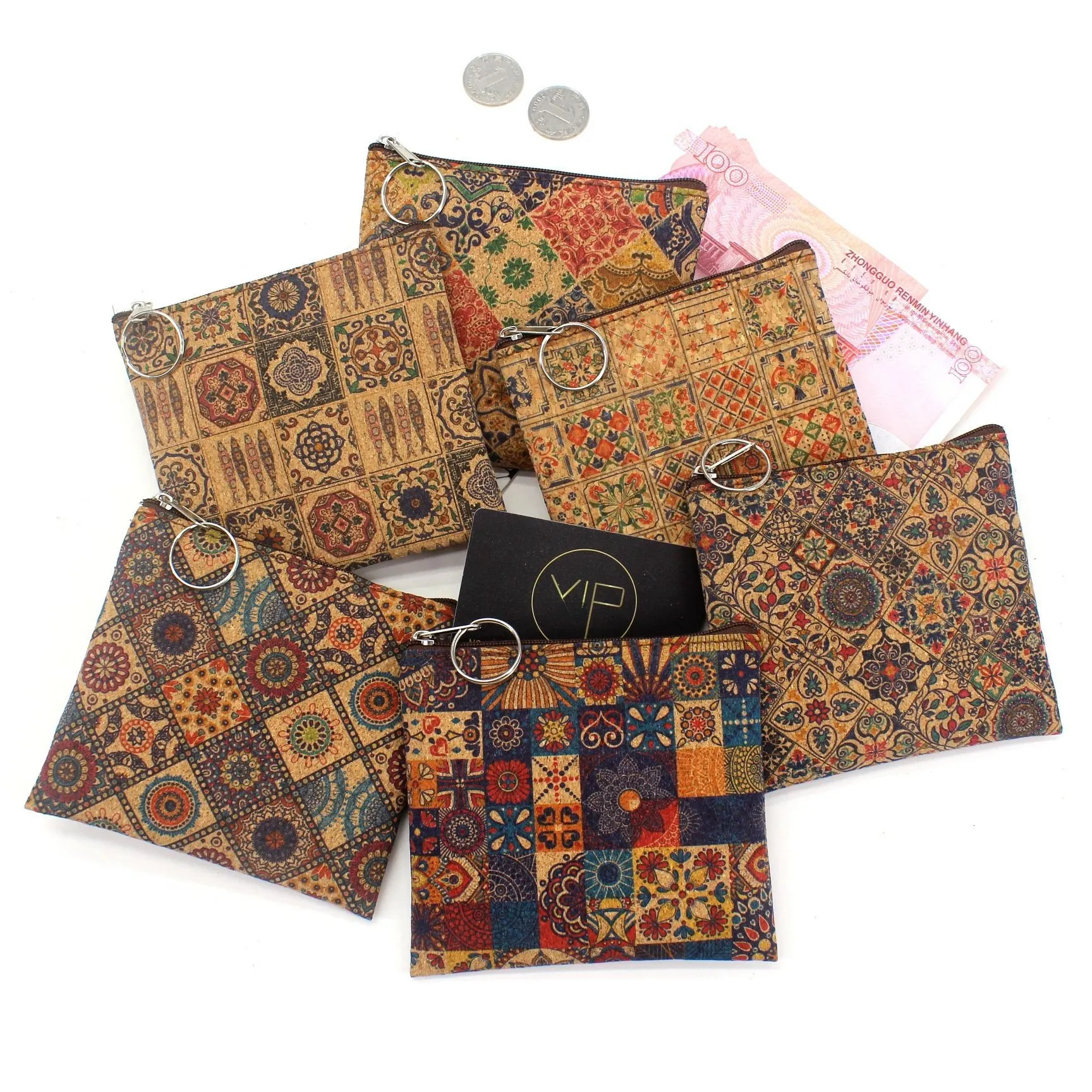 Vintage Cork Pattern Coin Purse Bohemian Mandala Printed Zipper Wallet With Metal Ring Key Holder For Women
