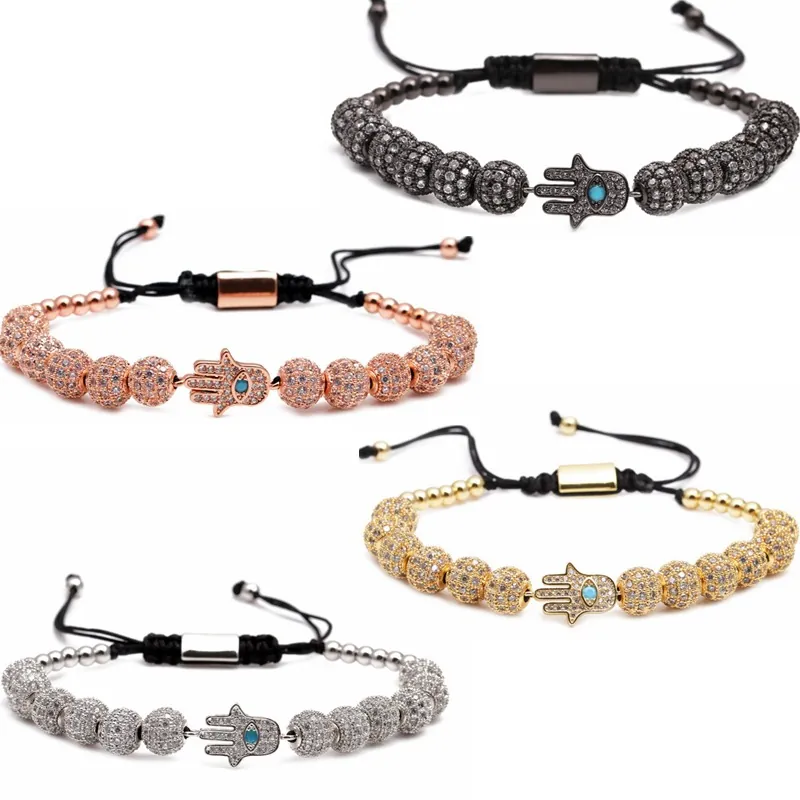 Bracelet Perlé Main De Hamsa Micro Pavé Zircon Cuivre Charme Oeil Du Mal Corde Tressée Ajustable Bijoux Ethniques Unisexe