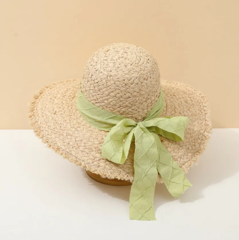 Women Summer Straw Sun Hat Wide Brim Paper Straw Ribbon Bow Frayed Edge Beach Vacation Breathable Korean Style
