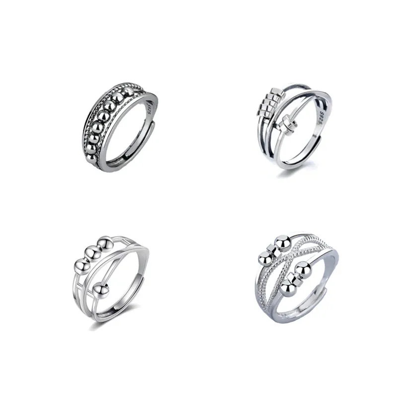 Anti Angst Fidget Ring Für Damen Drehbare Perlen 925 Sterling Silber Retro Verstellbar Offen Stressabbau