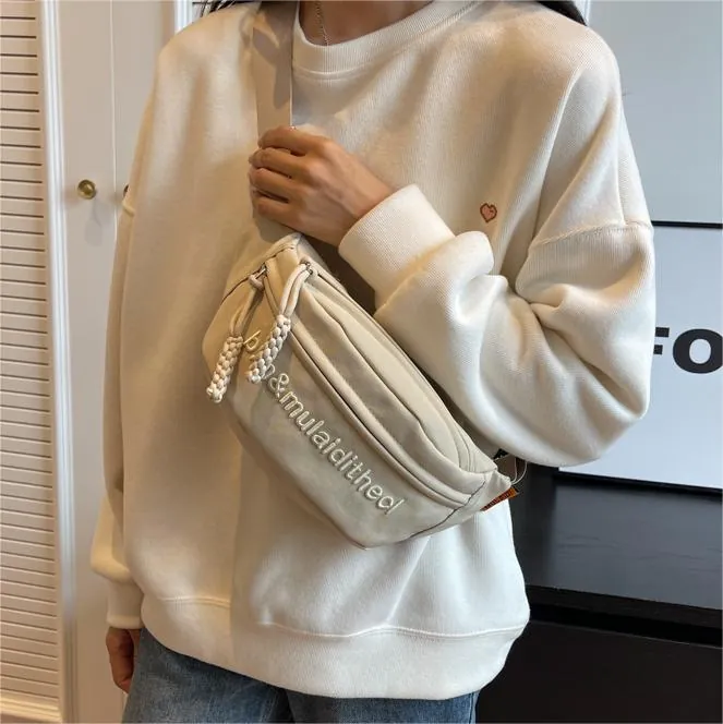 Women Chest Bag Canvas Letter Embroidery Casual Sporty Adjustable Crossbody Waist Pack Belt Bag Fashion Versatile