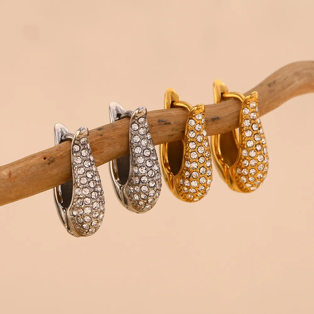 U Shaped Huggie Earrings 316L Stainless Steel 18K Gold Plated Cubic Zirconia Geometric Minimalist Jewelry For Women