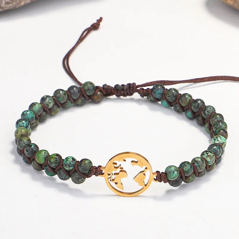 Handwoven African Turquoise Stainless Steel World Map Pendant Double Row Beaded Bracelet Adjustable Ethnic Jewelry Gift For Unisex