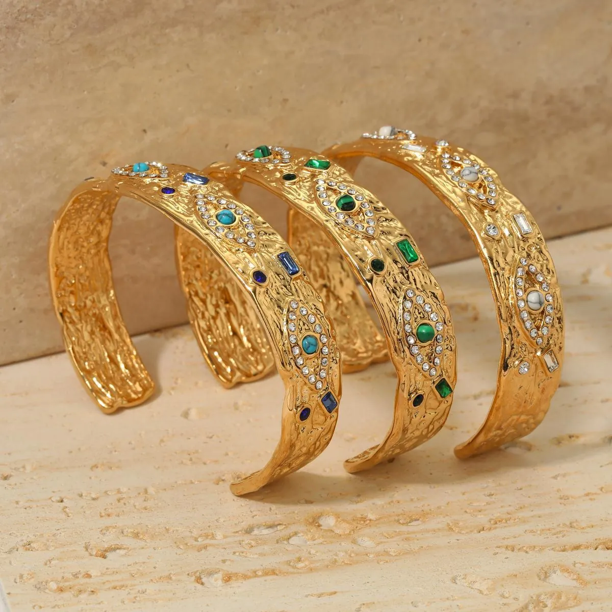 Bracciale Rigido Occhio Del Diavolo Acciaio Inossidabile Texture Martellata Zirconia Regolabile Gioielli Boho Da Donna