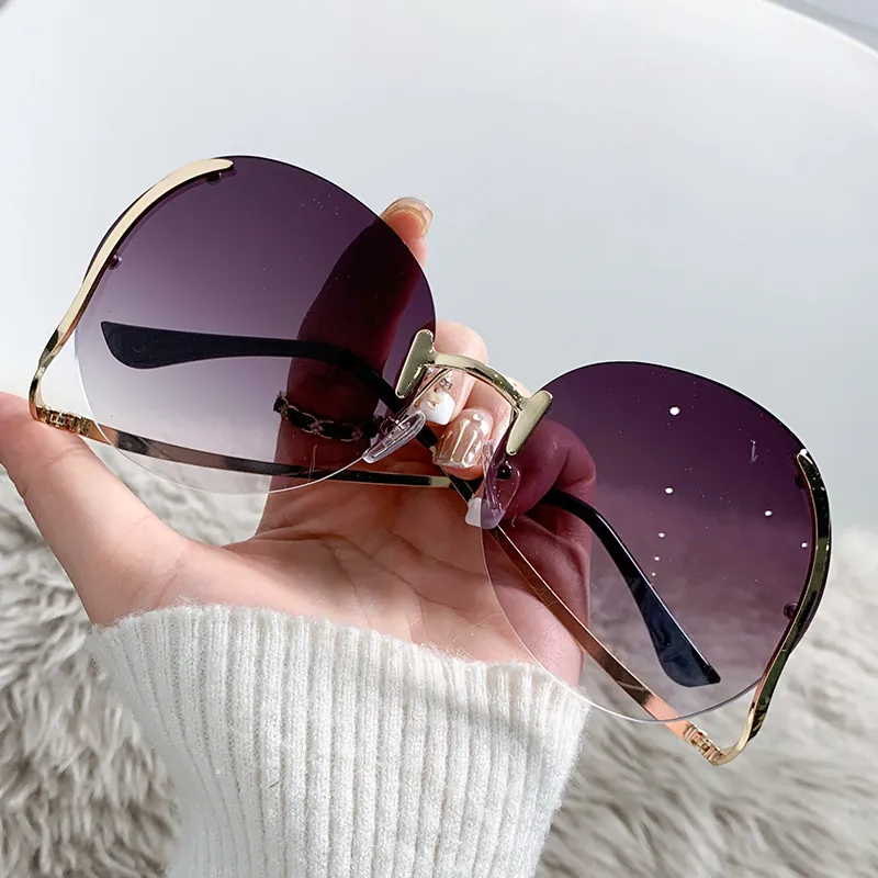 Rimless Round Sunglasses Oversized Gradient Lenses UV400 Metal Frame Fashion Eyewear For Women Travel Party