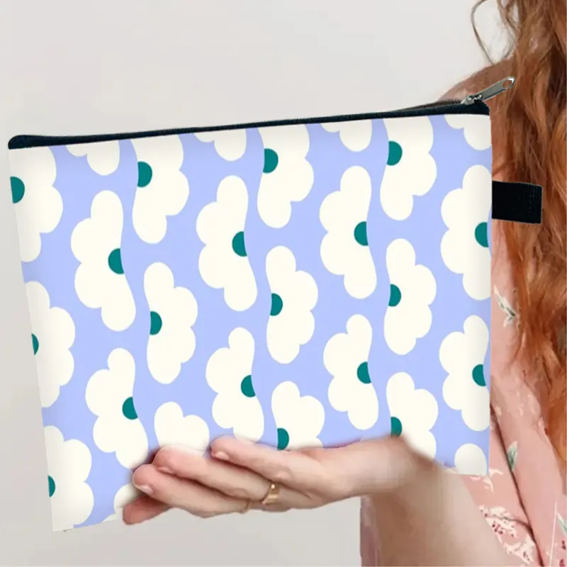 Polyester Floral Printed Makeup Bag Large Capacity Zippered Cosmetic Pouch Simple Urban Style Portable Organizer For Women