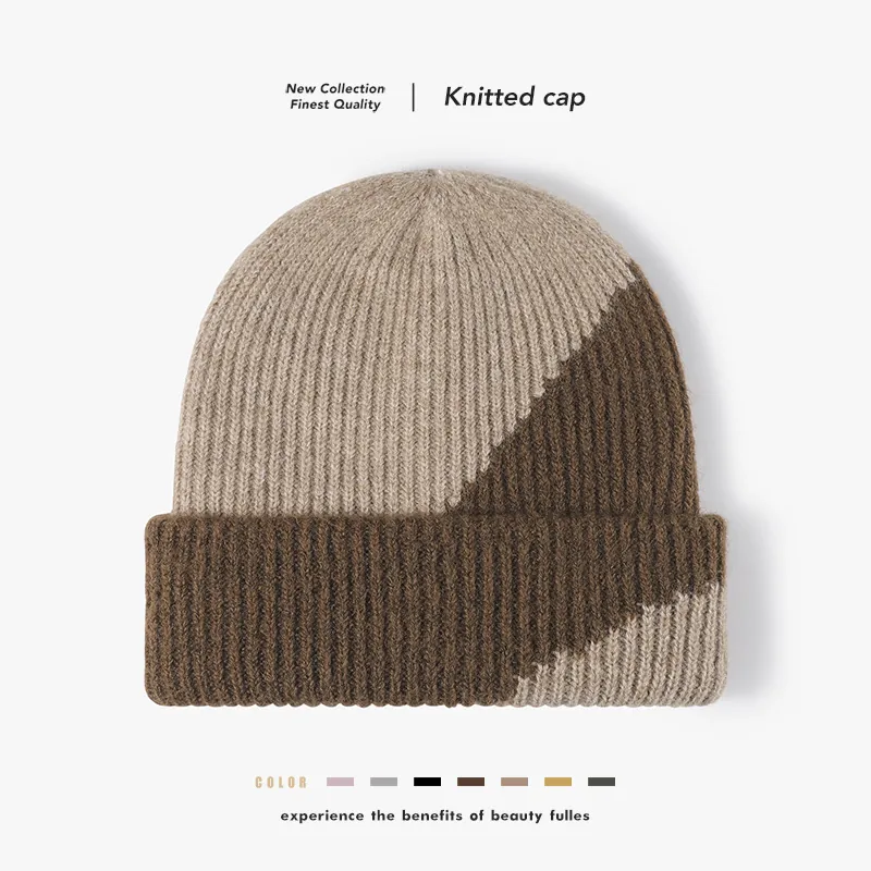 Unisex Two-Tone Color Block Beanie Double Layer Warm Ribbed Knit Wool Hat Winter Casual Outdoor Cuff Knitted Cap