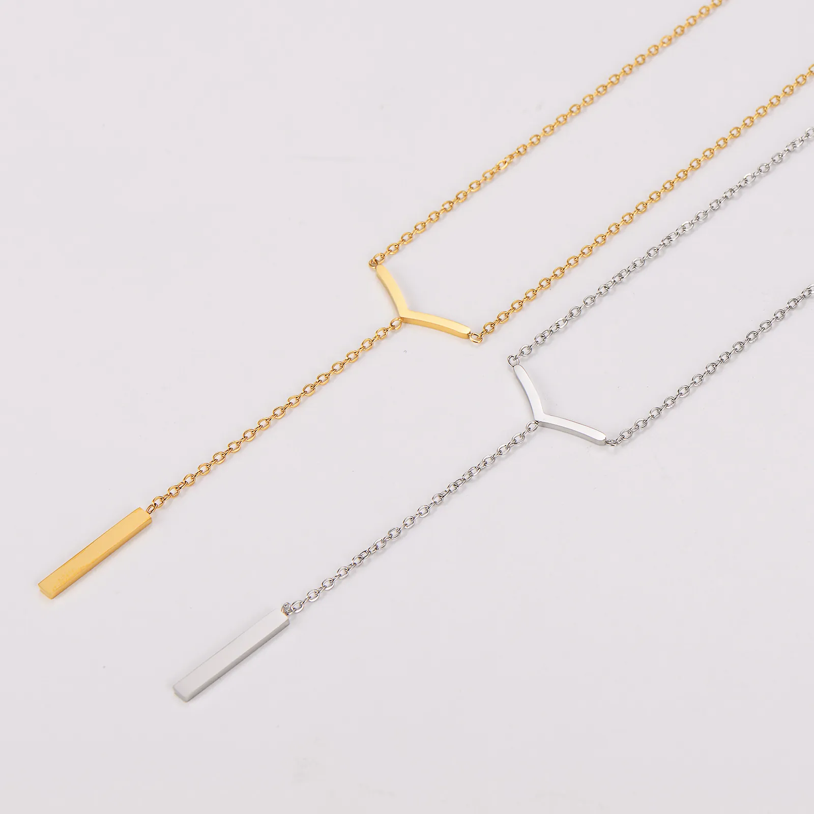Y-Shaped Necklace 304 Stainless Steel Minimalist Geometric V-Bar And Long Pillar Pendant Lariat For Women Men