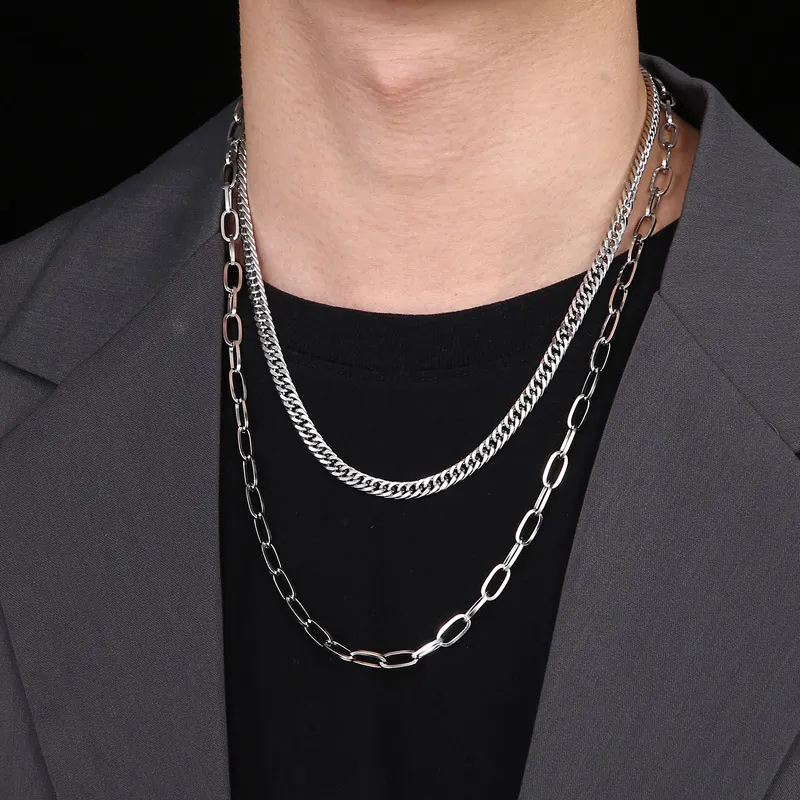 Double Layered Necklace For Men Stainless Steel Curb Chain And Paperclip Chain Hip Hop Style Jewelry Trendy Accessory Silver