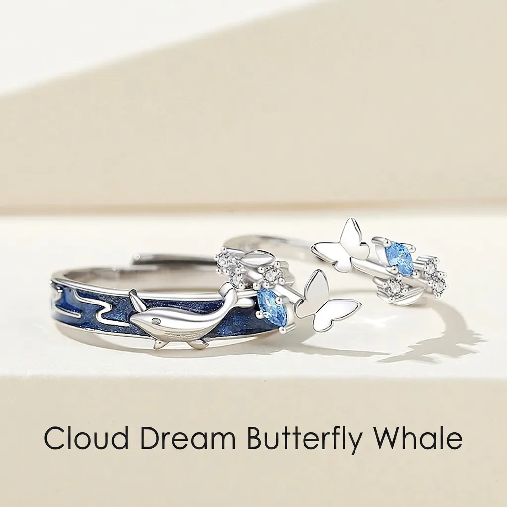 925 Sterling Silver Whale And Butterfly Couple Rings For Women Men Adjustable Open Finger Rings Blue Enamel Rhinestone Jewelry Gift