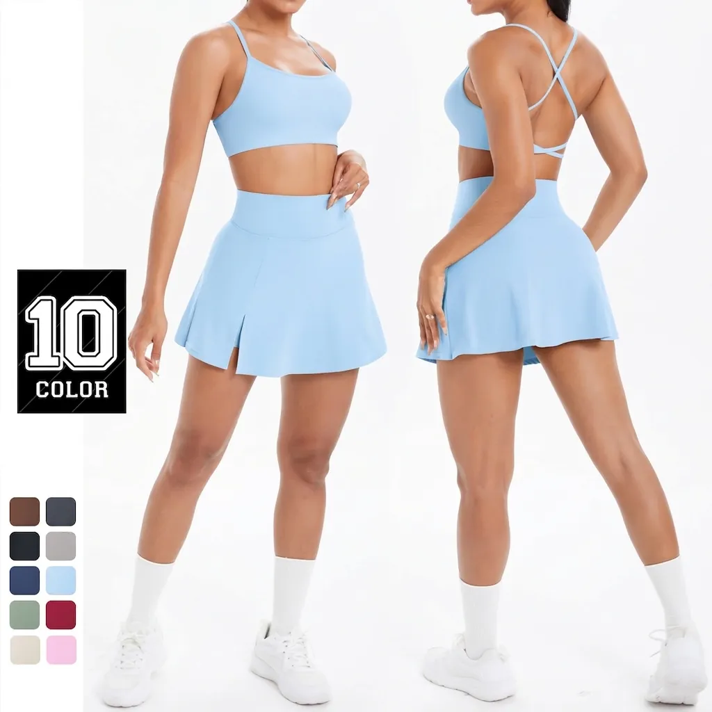 Damen Yoga Oberteil Und Unterteil Sport-BH Hohe Taille Atmungsaktiver Tennis-Skort Fitness Activewear Nylon Elasthan Anzug
