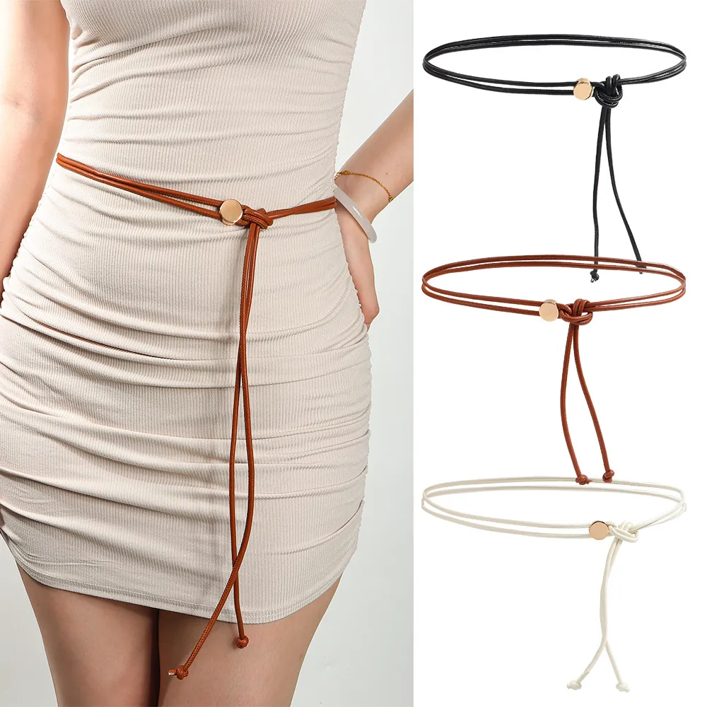 Cintura Sottile In Pelle PU Per Donna Con Fibbia In Metallo Rotonda Design Annodato Decorativa Per Abiti