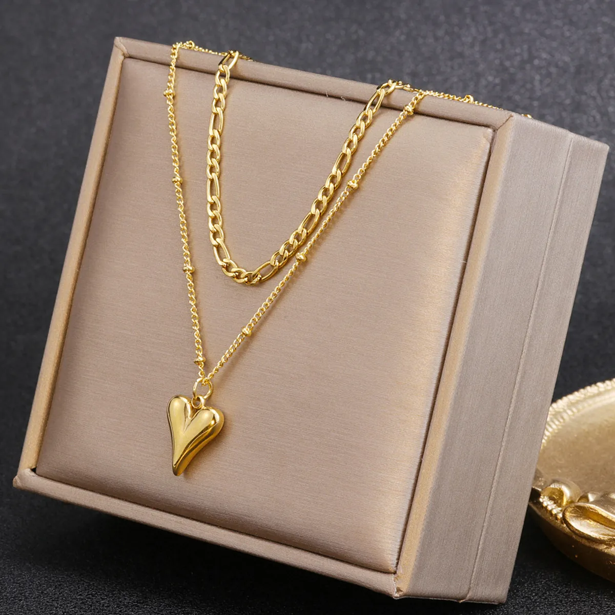 Collana A Più Strati In Acciaio Inossidabile Placcato Oro Pendente A Cuore Catena Figaro Gioielli Donna