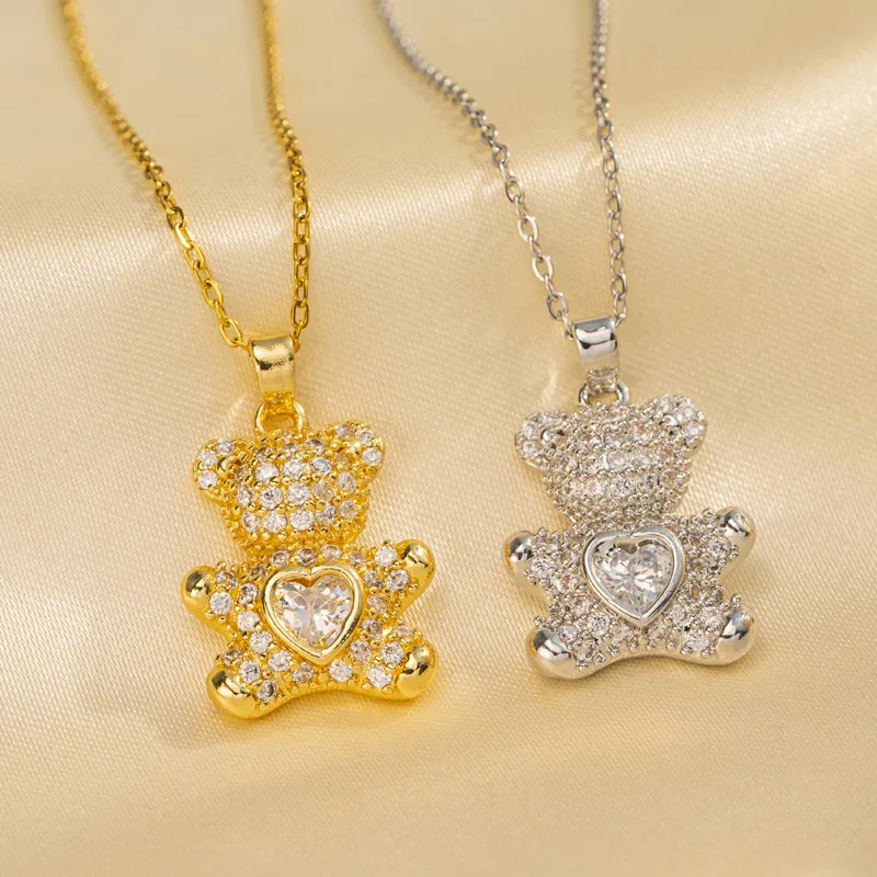 Rhinestone Bear Pendant Necklace Titanium Steel Heart Zircon Sweet Elegant Jewelry For Women