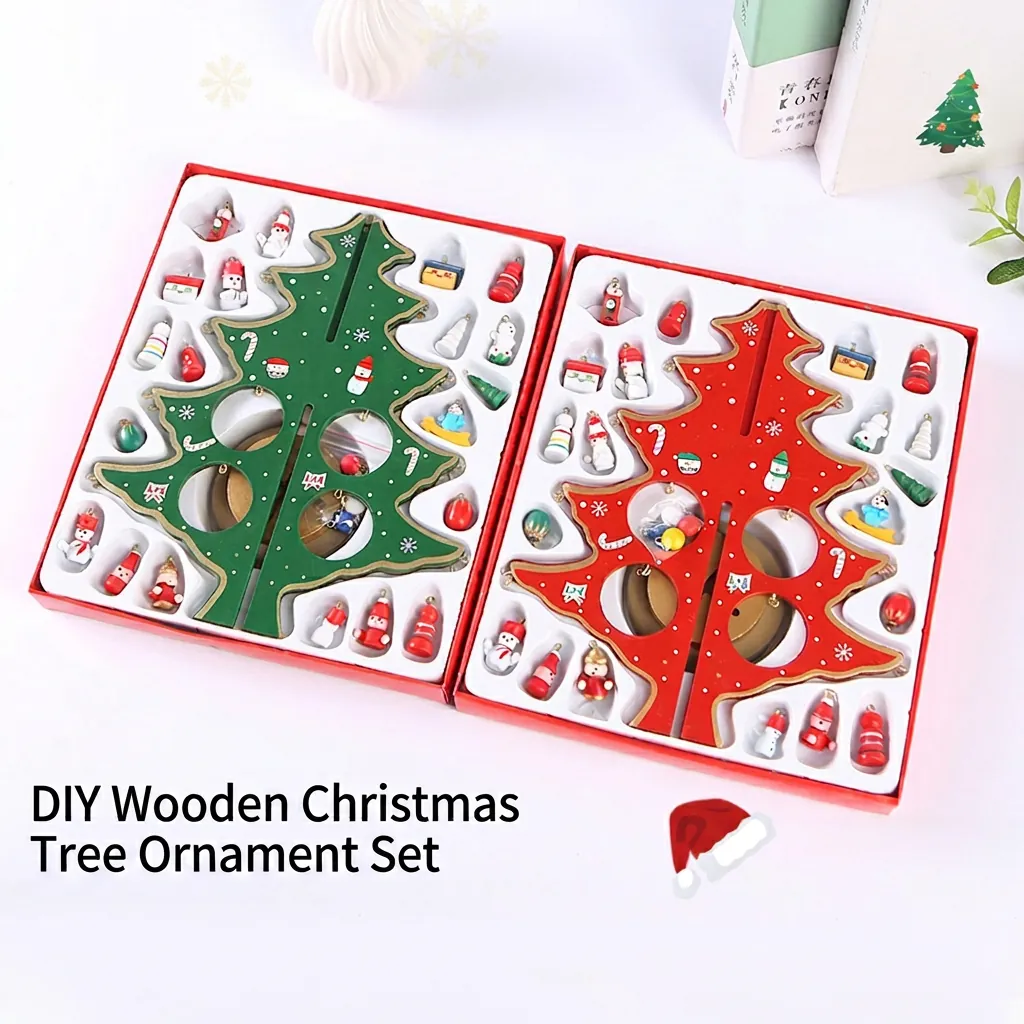 DIY Wooden Christmas Tree Ornament Desktop Decoration With Mini Painted Pendants For Holiday Festive Home Table