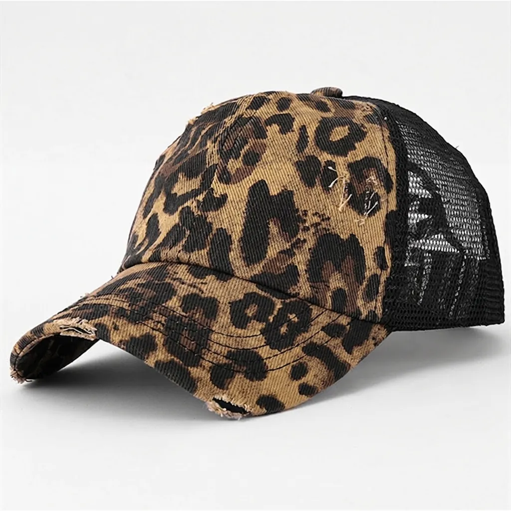 Distressed Leopard Camo Baseball Cap Mesh Trucker Hat Ponytail Breathable Adjustable Outdoor Retro Fashion For Women