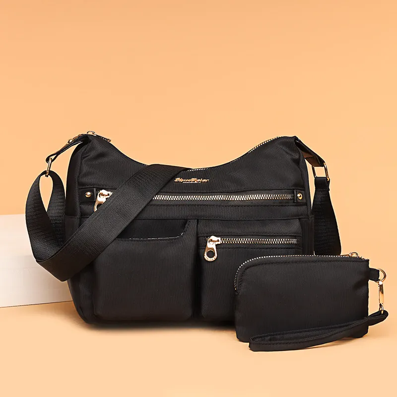 Women Multi Pocket Shoulder Bag Nylon Water Repellent Crossbody And Matching Pouch Lightweight Travel Daily Commute