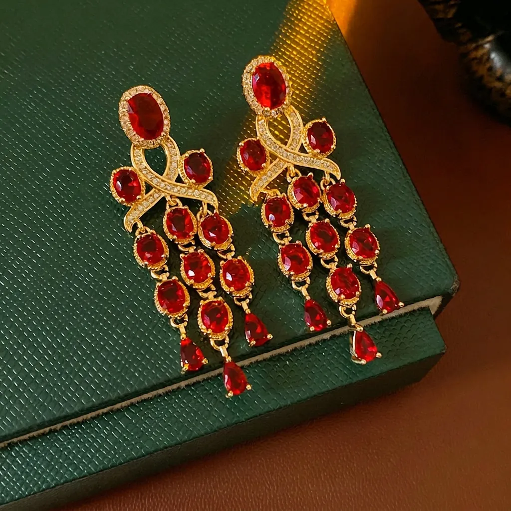 Vintage Paleis Stijl Kwastje Hanger Oorbellen Met Rode Zirconia En Zilveren Oorsteker Elegante Retro Sieraden Voor Vrouwen