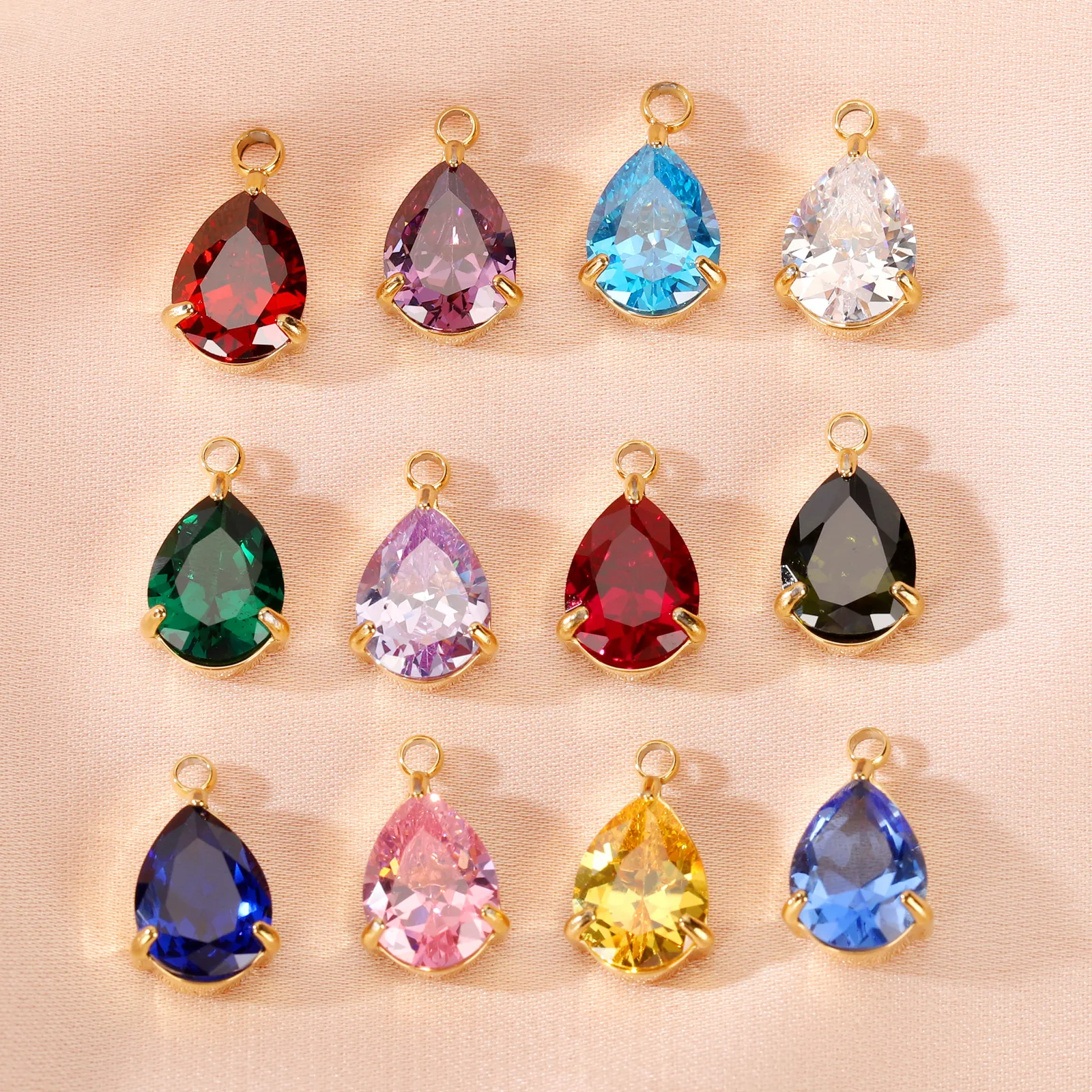 Pear Shape Birthstone Pendants 316L Stainless Steel 3A Zirconia Water Drop Tiny Charms For DIY Jewelry Making
