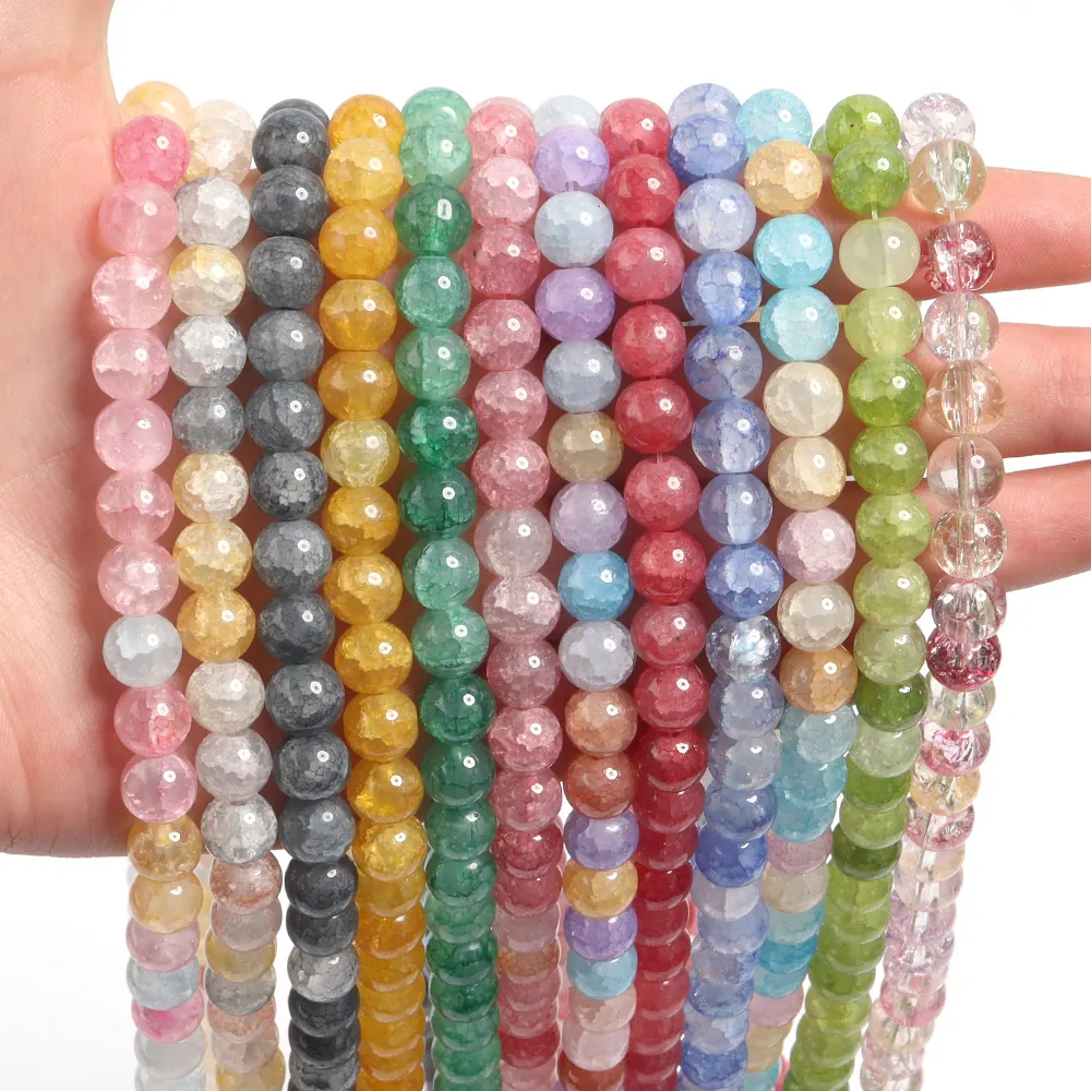 Round Glass Beads Cracked Ice Texture Multicolored Loose Beads For DIY Necklace Bracelet Jewelry Making Accessories Craft