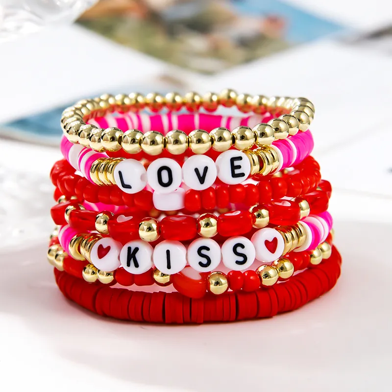 Stackable Heishi Bead Bracelets With Heart Charm Polymer Clay Letter Beads Love Kiss For Women Valentine Gift Boho Style
