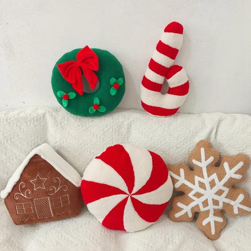 Christmas Plush Pillows Sherpa Fleece Gingerbread House Snowflake Wreath Candy Cane Festive Home Decor Soft Cushion