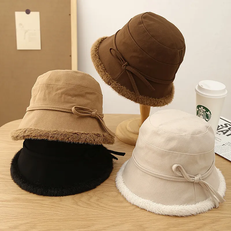 Women Winter Bucket Hat Suede Polyester Faux Fur Trim Thick Warm Windproof Bowknot Basin Hat Elegant Korean Fashion