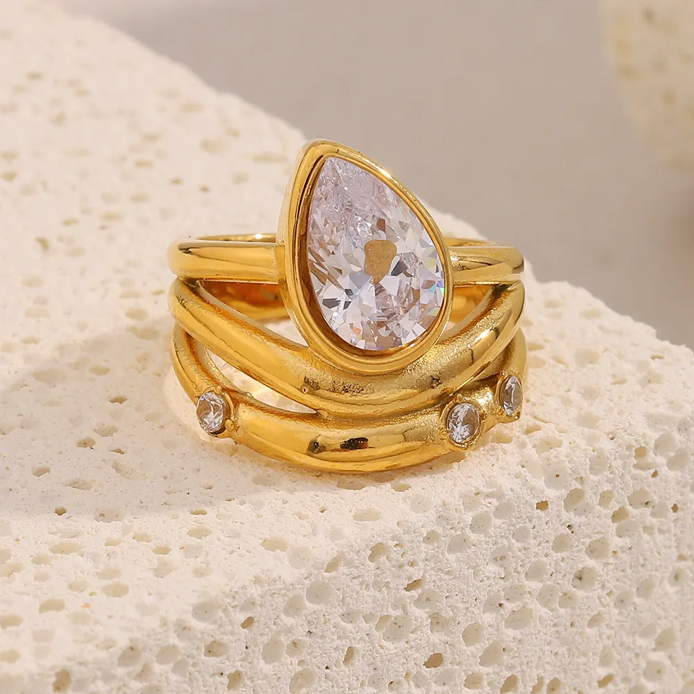 18K Gold Plated Stainless Steel Waterdrop Zirconia Ring Multi Layer Wrap Design Chic Trendy Jewelry For Women