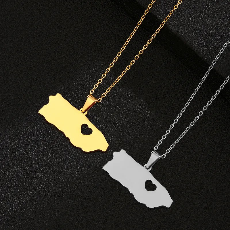 Puerto Rico Karte Anhänger Halskette Edelstahl Hohl Herz Insel Geografie Schmuck Mode Unisex Gold Silber