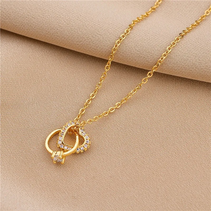Interlocking Heart And Ring Pendant Necklace Gold Plated Titanium Steel Zircon Inlaid Clavicle Chain Jewelry For Women