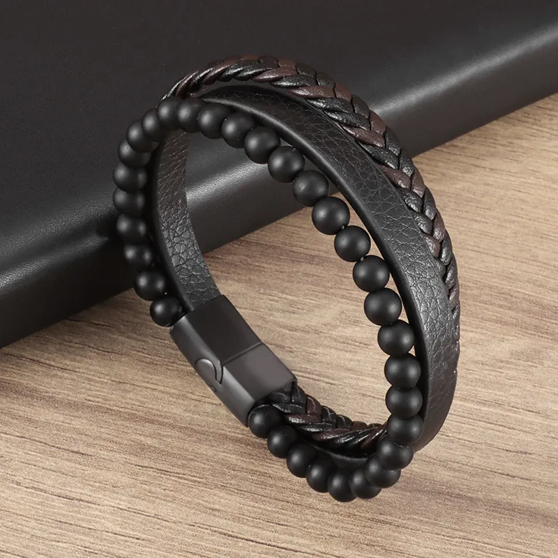 Pulsera Multicapa De Cuero Para Hombre Cuentas De Piedra Volcánica Natural Cierre Magnético Joyería Punk