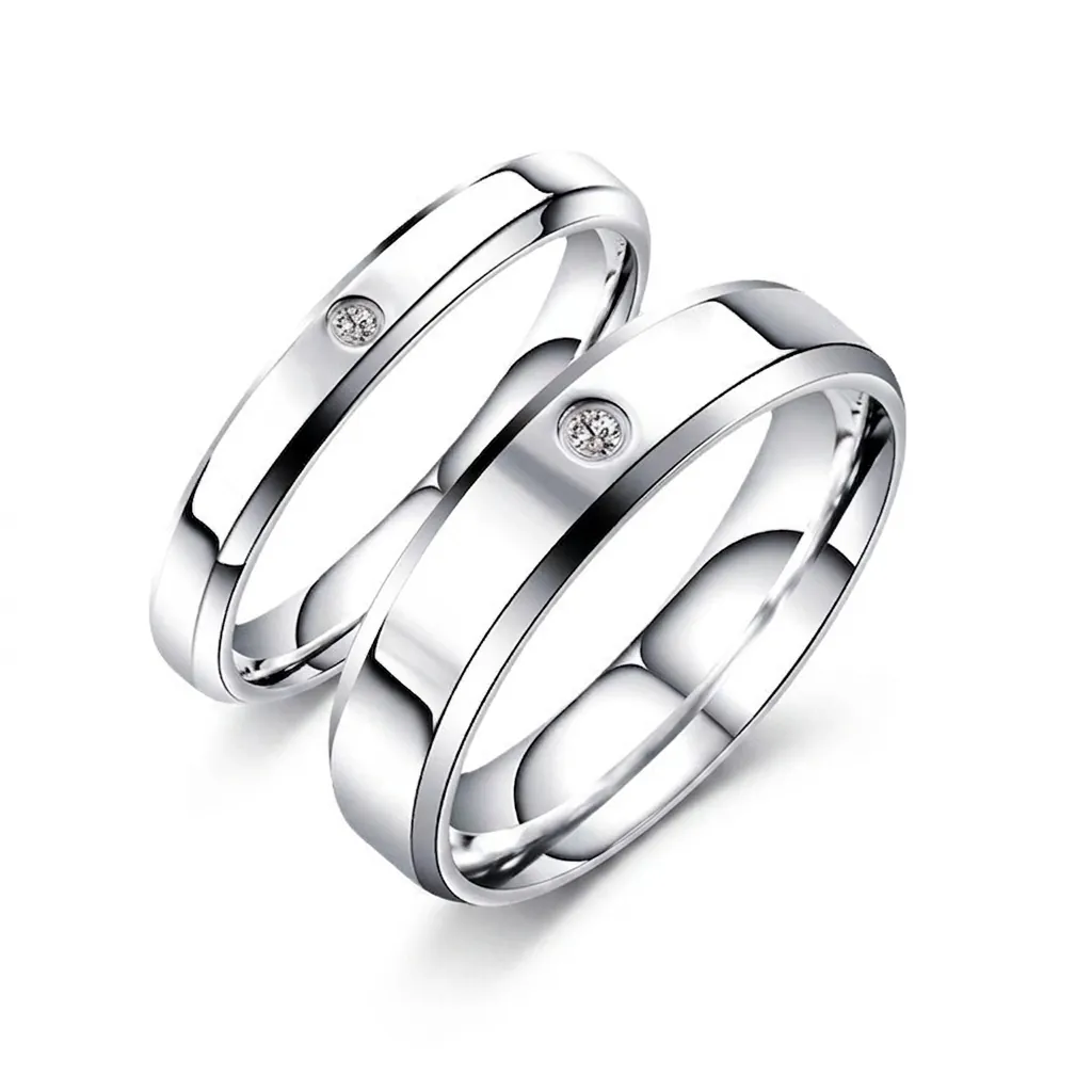 Minimalist Stainless Steel Ring With Zircon Inlay Double Beveled Edges Polished Jewelry For Couples Fashion Band