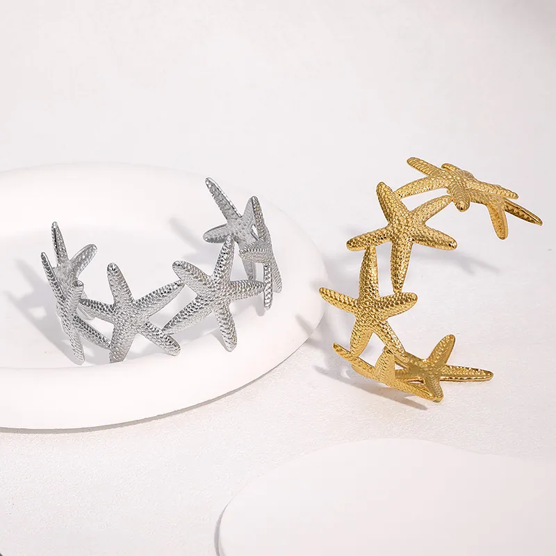 Bracciale Aperto Stella Marina Oceano Acciaio Inossidabile Placcato Oro 18K Regolabile Gioielli Da Spiaggia Per Donna