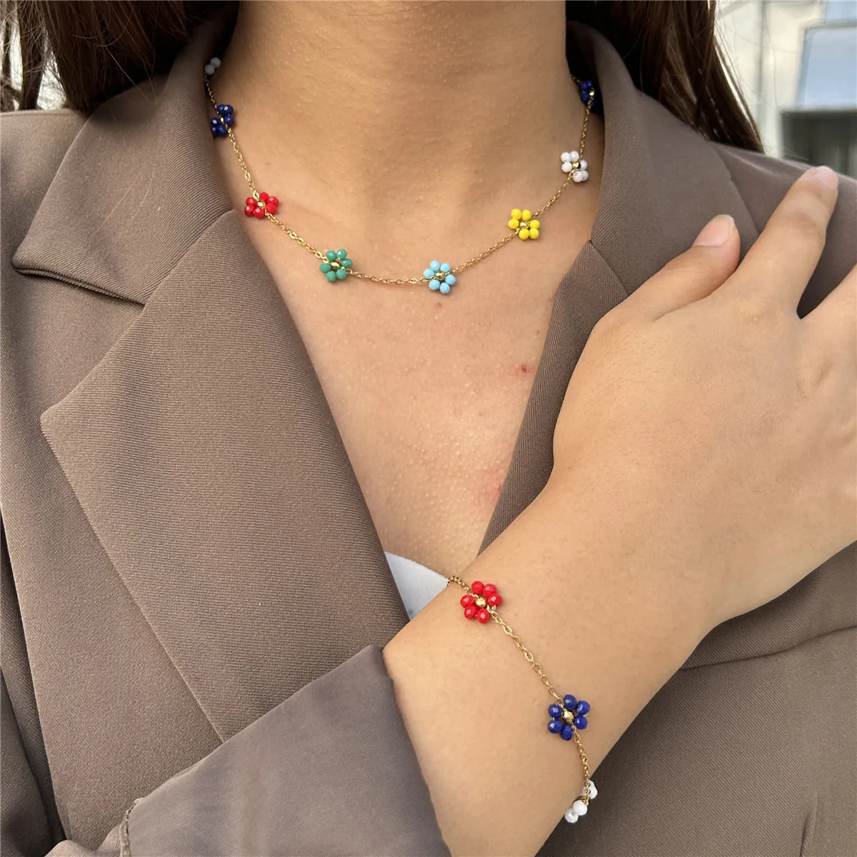 Stainless Steel Colorful Flower Necklace And Bracelet Jewelry Set Gold Plated Floral Minimalist For Women