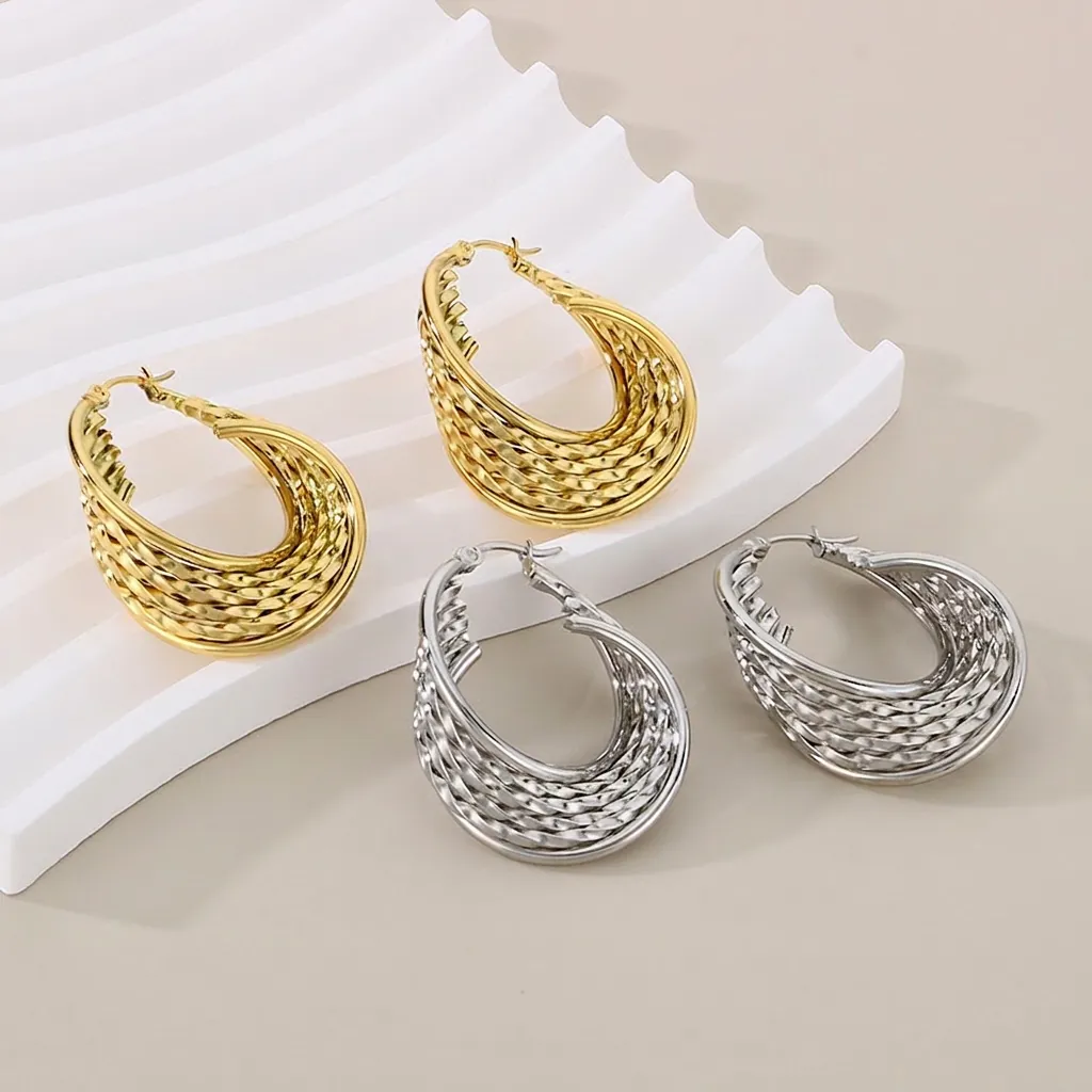 Créoles En Forme De U Acier Inoxydable Texture Tissée Torsadée Bijoux Géométriques Métalliques Pour Femmes