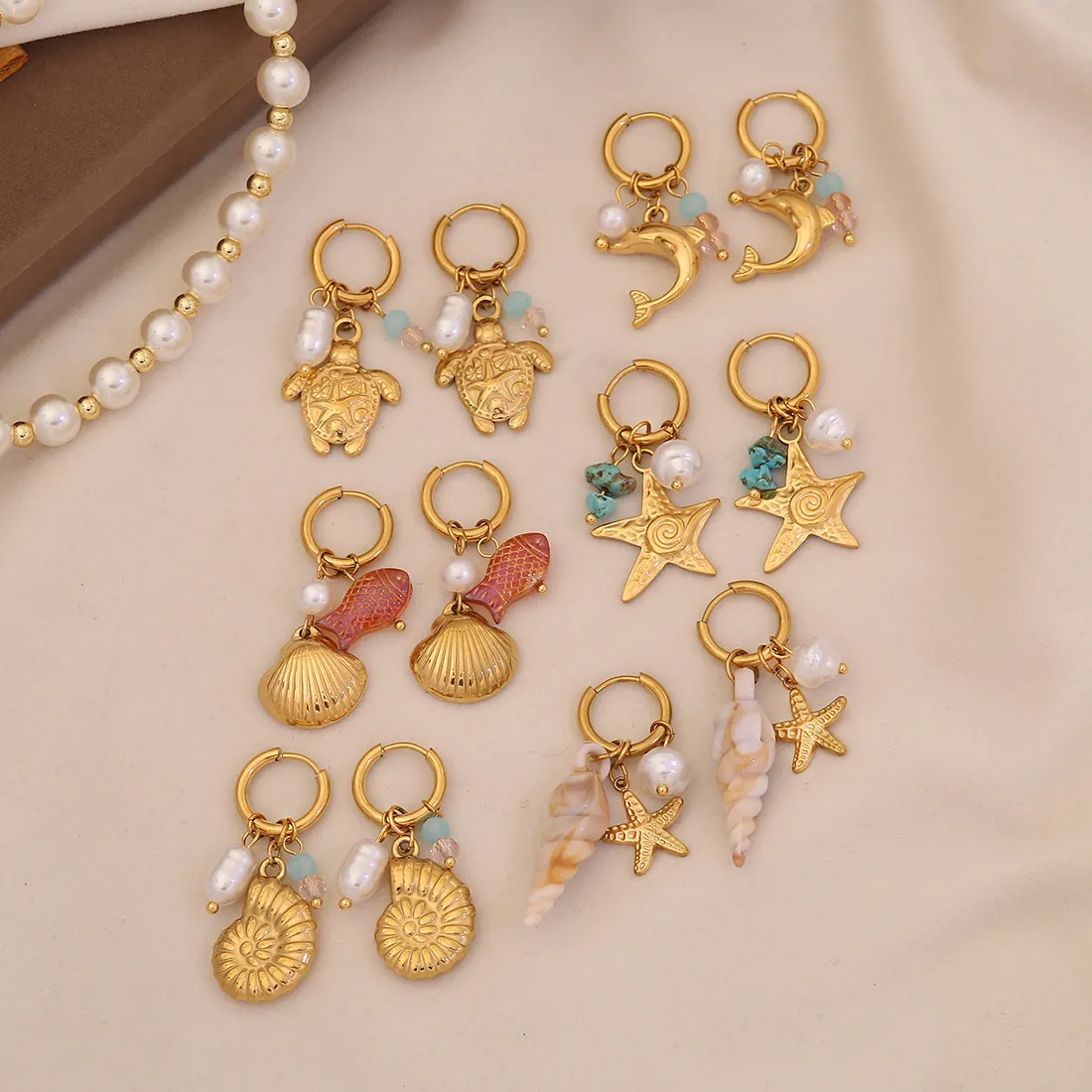 Ocean Theme Starfish Sea Turtle Shell Dolphin Stainless Steel Drop Earrings With Faux Artificial Pearl Summer Beach Jewelry For Women